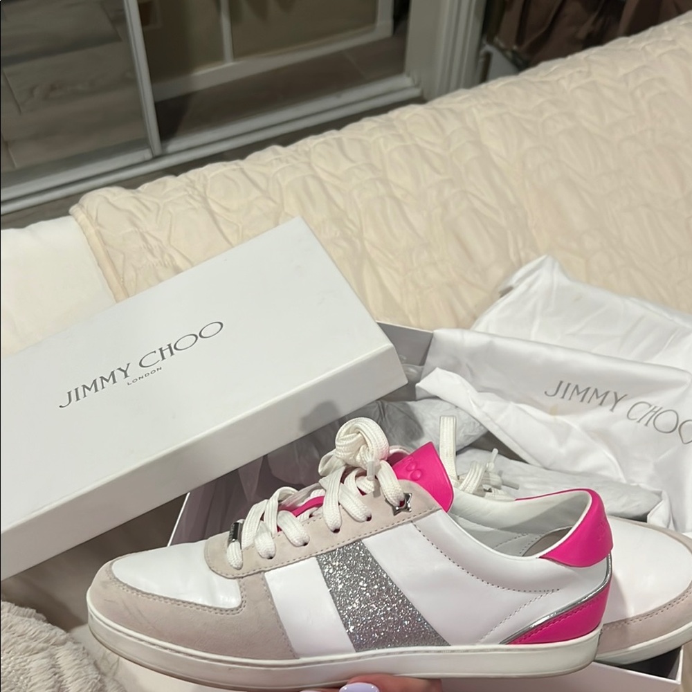 Jimmy Choo White and Pink Designer Sneakers